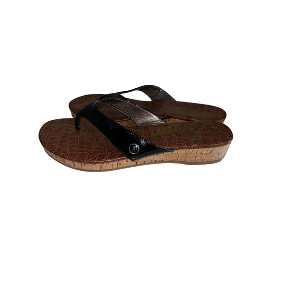 Sam Edelman Tanya Black Faux Patent Leather Thong Cork Wedge Sandals Size 8 - Picture 3 of 9